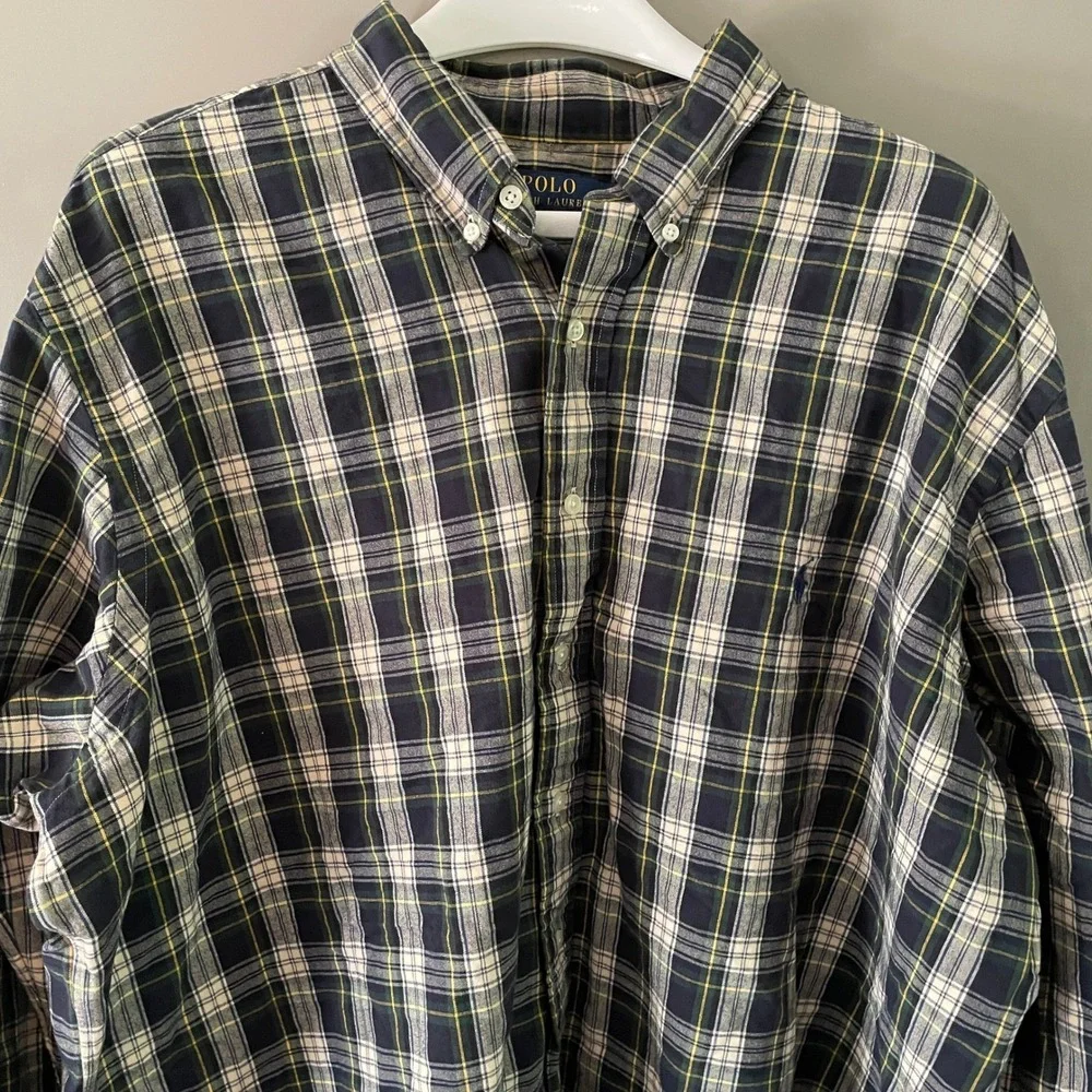 Polo Ralph Lauren Mens 2XB Big & Tall Plaid Button Down Shirt Navy Green Cotton